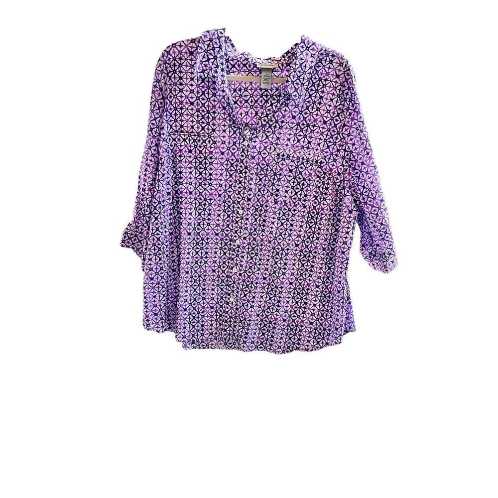 Catherines.  Purple and white geometrical pattern button down  three-quarter